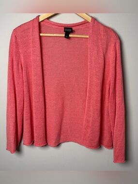 Eileen Fisher Coral Linen Open Front Cardigan Sweater Quiet Luxury Old Money M
